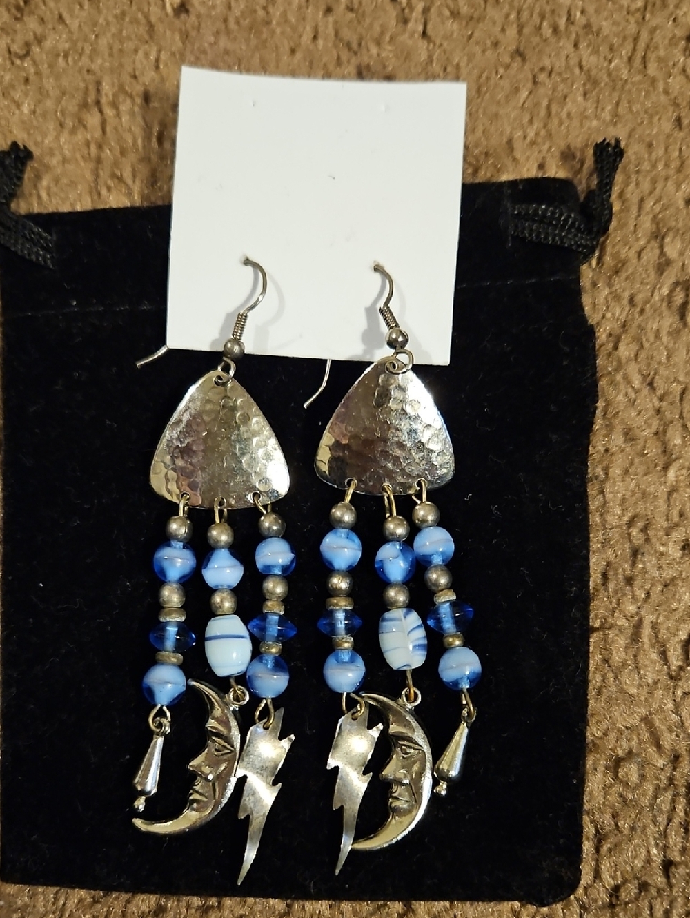 Celestial Silver-Tone Blue Beaded Moon & Lightning Dangle Earrings